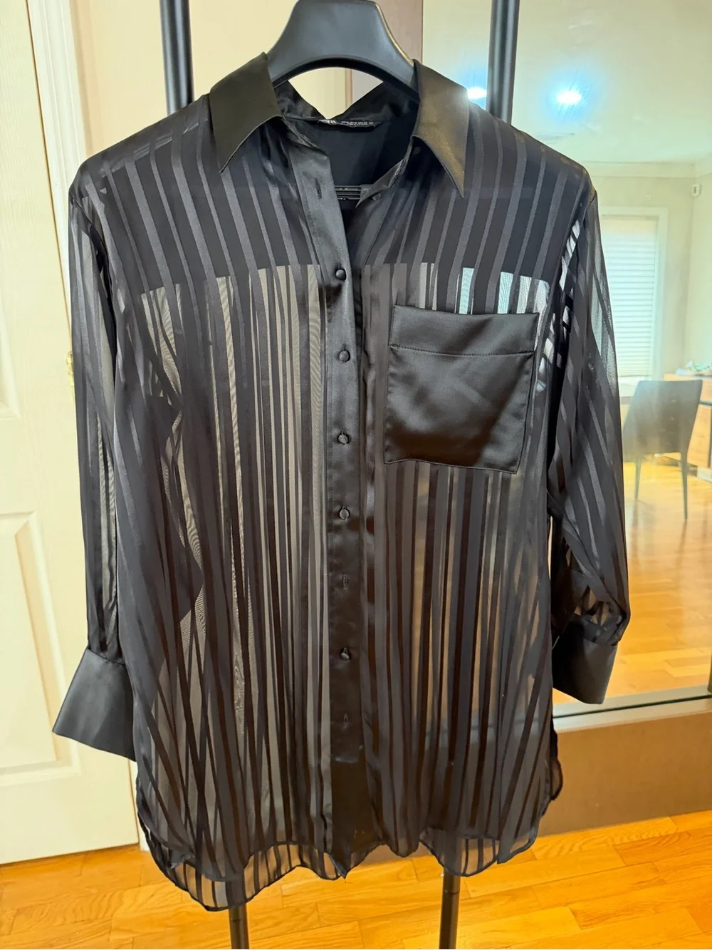 Zara Black Sheer Striped Button-Down Blouse *NWOT